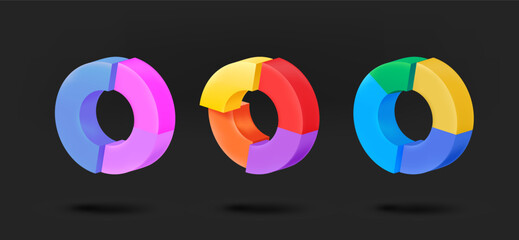 Different color pie charts collection. 3d vector isolated on black background