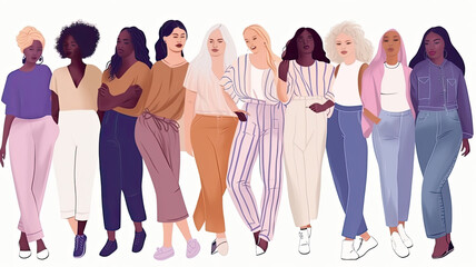 Obraz premium illustration of a diverse group of women on a white background, each with different body types and poses, promoting empowerment. Generative AI