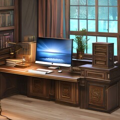 Fototapeta premium A computer desk with laptop1, Generative AI