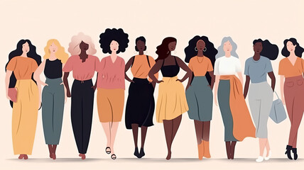 Obraz premium illustration of a diverse group of women on a white background, each with different body types and poses, promoting empowerment. Generative AI