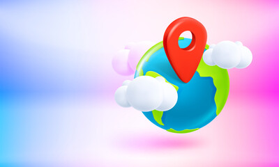 The Earth with red pin of GPS location. 3d vector banner with copy space