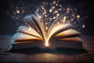 Magic Book With Open Antique Pages And Abstract Bokeh Lights Glowing In Dark Background - Literature Concept (ai generated)