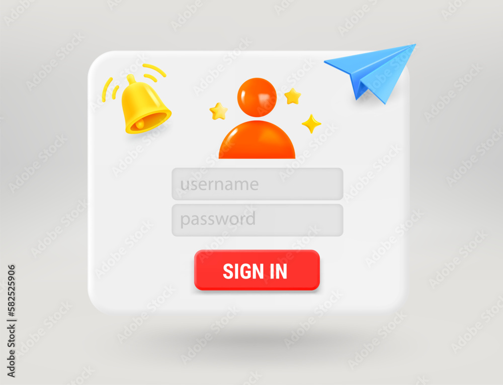 Poster pop up window with sign in , blue plane, profile icon and golden bell. subscribe concept. 3d vector 