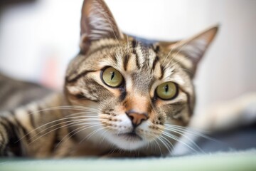Naklejka na ściany i meble Brown Tabby Cat Lying Close Up at an Animal Shelter. Generative AI