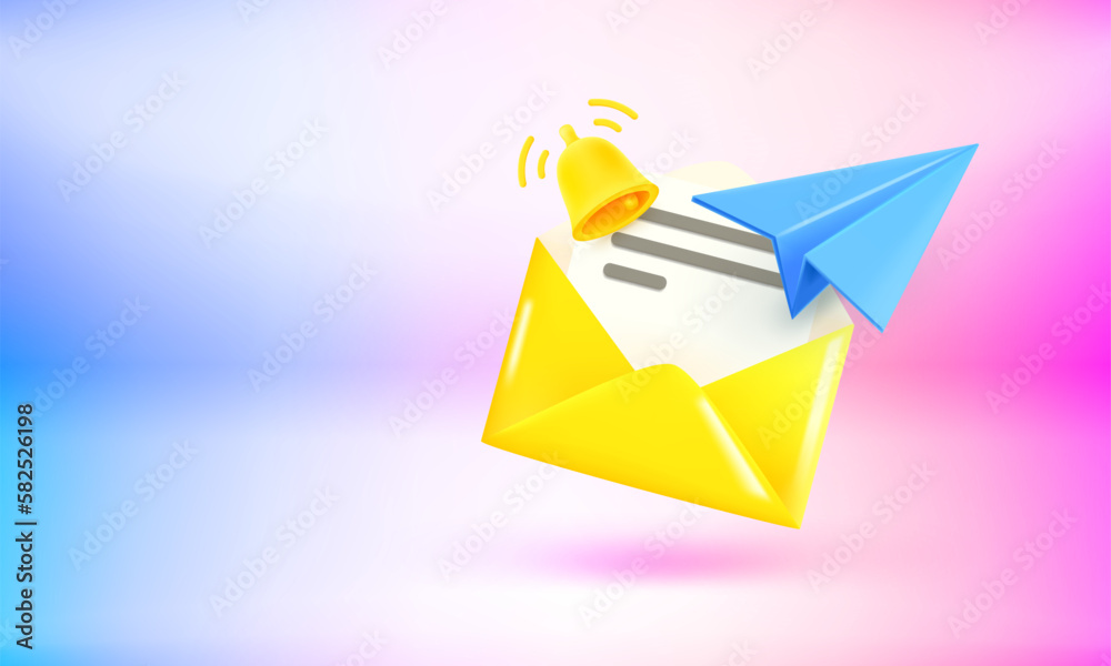 Poster Yellow envolope and blue plane. Sending or receiving a new message concept. 3d vector banner with copy space