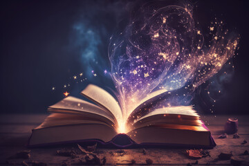 Magic Book With Open Antique Pages And Abstract Purple Bokeh Lights Glowing In Dark Background - Literature Concept (ai generated)