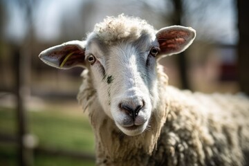 Obraz premium A cute and inquisitive sheep from Slovakia with a splotchy head is pictured in a portrait on a sunny spring day. Generative AI