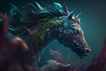 Mythical and surrealistic creature with a strange and different shape never seen before, similar to a hourse, typical of a fantasy, set in a magical and imaginary world, generated by AI, digital art.