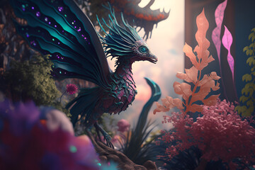 Mythical and surrealistic creature with a strange and different shape never seen before, similar to a bird, typical of a fantasy, set in a magical and imaginary world, generated by AI, digital art.