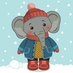 Cartoon elephant character in winter clothes. Vector illustration.