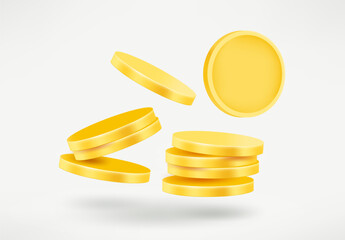 Falling golden coins isolated on white background. 3d vector illustration
