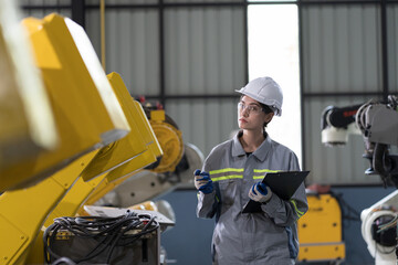 Fototapeta premium Automated manufacturing industries. Female engineer checking, repair, maintenance autonomous robotics arm for manufacturing lines in workshop. Innovative technology concept