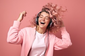 Fototapeta premium Woman Dancing with Headphones on a Pink Background with Space for Copy (Generative AI)