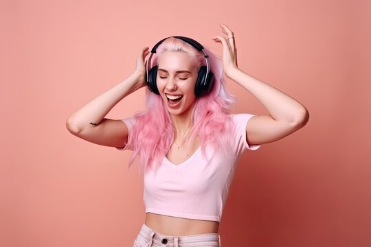 Woman Dancing with Headphones on a Pink Background with Space for Copy (Generative AI)
