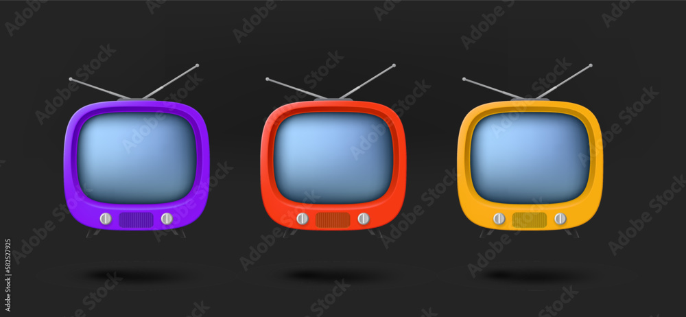 Poster different color tv icons collection. 3d vector isolated on black background