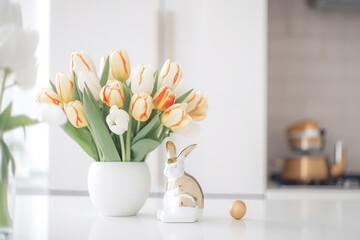 Easter table setting with tulips, Easter bunnies, and eggs with golden patterns in the white Scandinavian-style kitchen background. Beautiful minimalist design for greeting card