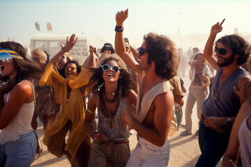 Group of friends laughing, having fun and partying in a dirty desert festival together. generative AI