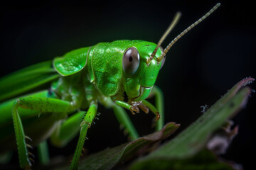 Macro insect image showing vibrant details of green milkwood grasshopper bug. generative AI