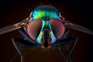 Macro view of colorful common housefly. The bug or insect has giant eyes. generative AI