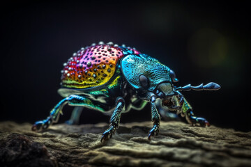 Naklejka premium Macro view of insect or bug known as pleasing fungus beetle with colorful metallic shell. generative AI