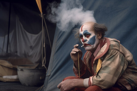 Old man wearing fading clown makeup backstage behind a circus tent. generative AI