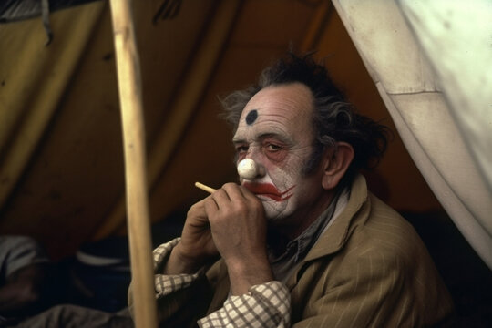 Old man wearing fading clown makeup backstage behind a circus tent. generative AI