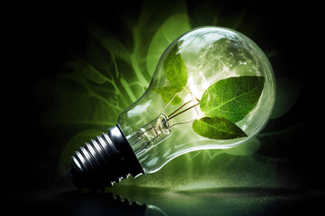 Lightbulb with plant inside representing sustainable and renewable, environmentally friendly energy. generative AI
