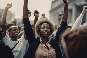 Black women march together in protest. Arms and fists raised in the for activism in the community. generative AI - obrazy, fototapety, plakaty