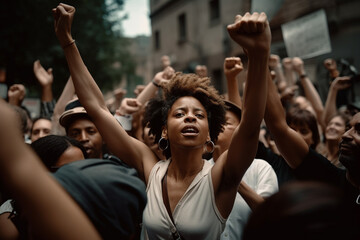 Black woman marching in protest with a group of protestors with their fist raised in the air as a sign of unity for diversity and inclusion. generative AI