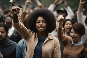 Black woman marching in protest with a group of protestors with their fist raised in the air as a sign of unity for diversity and inclusion. generative AI - obrazy, fototapety, plakaty