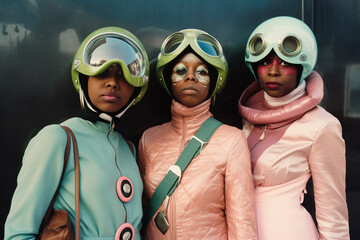 Three people wearing science fiction costumes for a retro television show or movie. generative AI