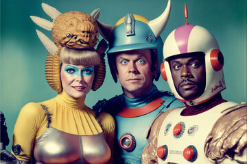 Three people wearing science fiction costumes for a retro television show or movie. generative AI