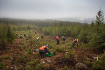 Group of volunteers planting trees in a clear cut forest. generative AI