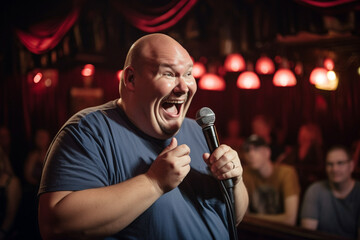 Overweight comedian telling jokes at a comedy club with a laughing audience. generative AI - obrazy, fototapety, plakaty