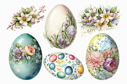 Beautiful colorful Easter eggs with floral pattern, watercolor, white background. Easter card, generative AI