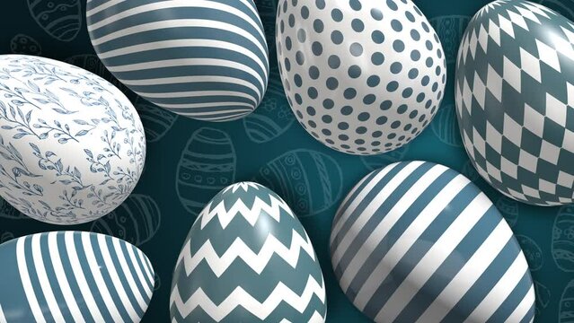 Easter holiday eggs with blue geometric patterns. Animated looped background. Christian religious holiday of Easter.