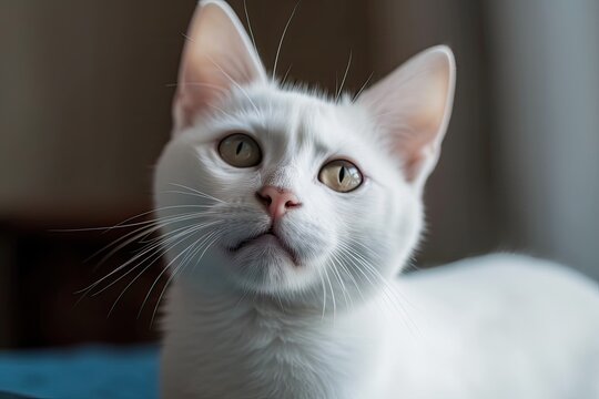 funny kitten from the UK. Scottish breed pets. Beautiful tiny white cat in home portrait. Generative AI