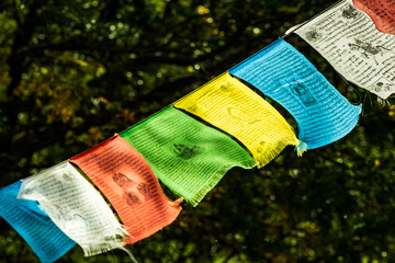 Prayer flags ripple in the wind, Patagonia, Aysen Region, Chile	