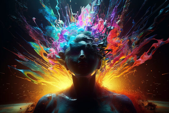 Human head with vibrant exploding energy flowing out. Brainstorming concept. Not an actual real person. Digitally generated AI image
