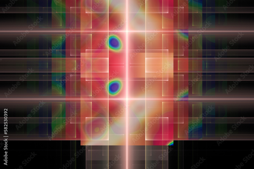Wall mural red pattern of curved shapes and rays on a black background. abstract fractal 3d rendering