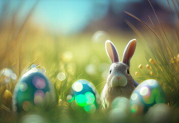 Abstract Defocused Easter Scene - Ears Bunny Behind Grass And Decorated Eggs In Flowery Field. Generative Ai.