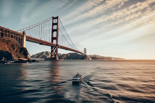 Golden Gate Bridge in San Francisco from a Boat: City Skyline in the Background, Generative AI