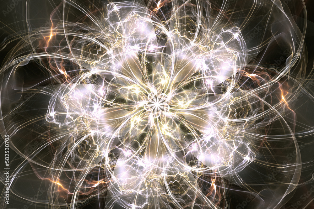 Sticker yellow glowing floral pattern of crooked rays on a black background. abstract fractal 3d rendering