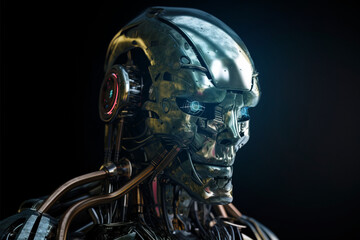 Metallic cyborg head on black background. Digitally generated AI image
