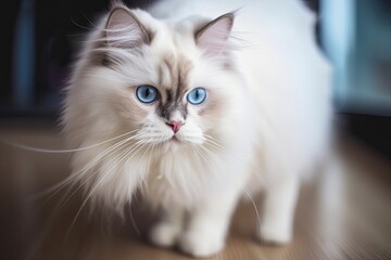 Fototapeta premium Beautiful fluffy white ragdoll cat standing on the floor in a brightly lit environment with blue eyes. Beautiful purebred feline pet outside with blurred background. Generative AI