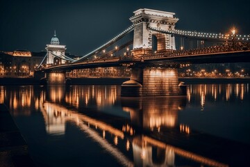 Fototapeta premium Szechenyi Chain Bridge in Budapest at Night: City Illuminated in Background, Generative AI
