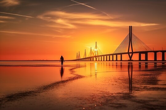 Sunshine Skyway Bridge at Sunset: Cable-Stayed Design Against Colorful Sky, Generative AI