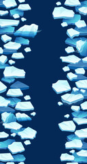 Atlantic, antarctic floes, glaciers and icebergs floating on surface. Isolated masses of cracked ice. Global warming, climate change. Frozen blue water. Seamless background for computer game.