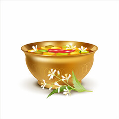 Bowl with Ugadi pachadi – mix with six tastes. Ritual food for Indian New Year (and harvest) festival Ugadi (Yugadi, Gudi Padwa). Vector illustration.