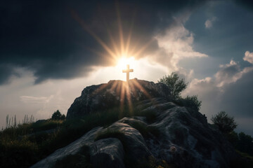 Big Christ cross on the top of the cliff at sunset with lens flare in the sky. Digitally generated AI image